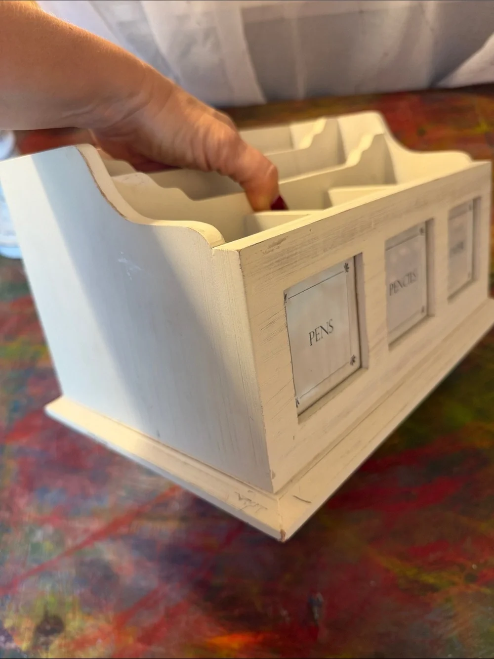Cream Wooden Desk Organizer Pencil Paper Case with 5 Compartments